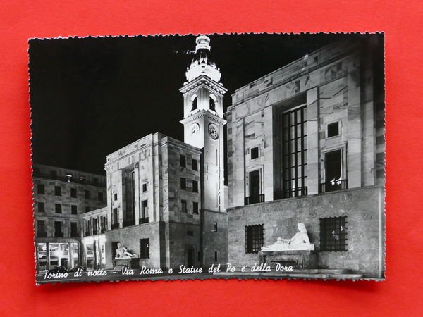 Cartolina Torino di notte - Via Roma - Statue del …