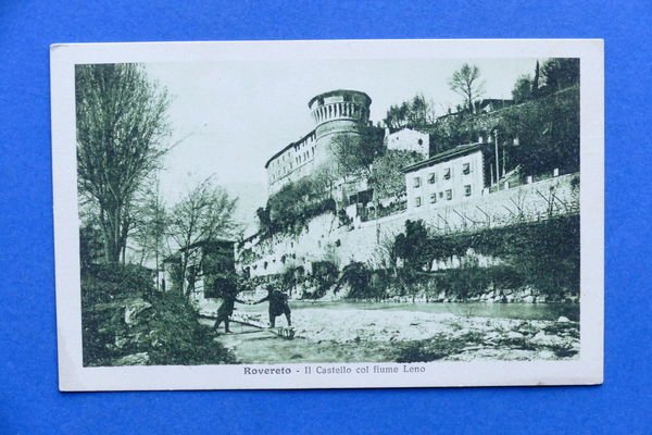 Cartolina Rovereto - Il Castello col fiume Leno - 1918