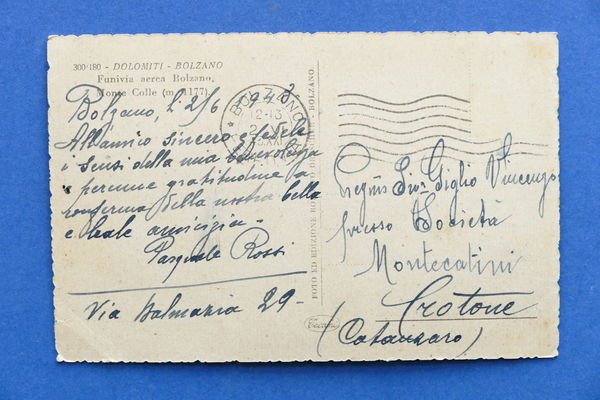 Cartolina Bolzano - Funivia aerea Monte Colle - 1943