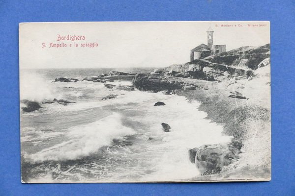 Cartolina Bordighera - S.Ampelio e la spiaggia - 1900 ca.