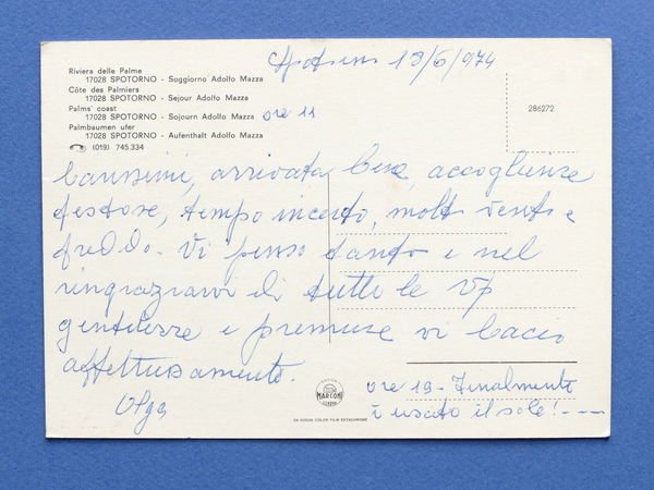 Cartolina Spotorno - Soggiorno Adolfo Mazza - 1974