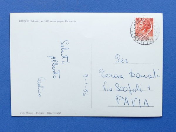 Cartolina Canazei - Verso gruppo Catinaccio - 1956