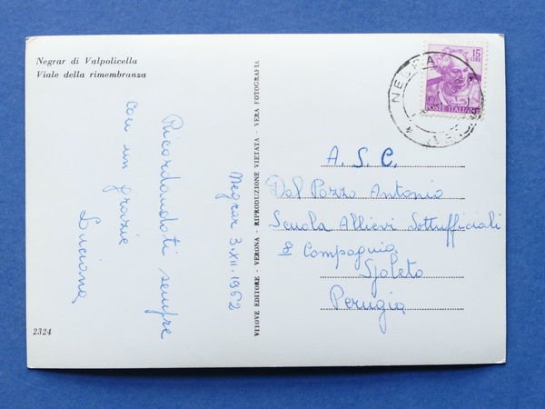 Cartolina Negrar di Valpolicella - Viale della Rimembranza - 1962