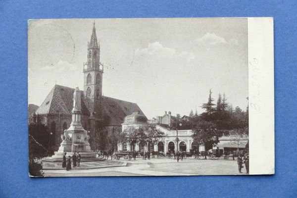 Cartolina Bolzano - Piazza Walter con Chiesa Parrocchiale e monumento …