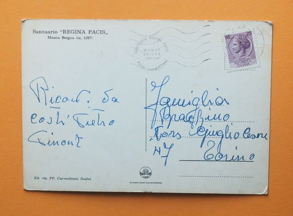 Cartolina Santuario Regina Pacis - Monte Beigua - 1973.