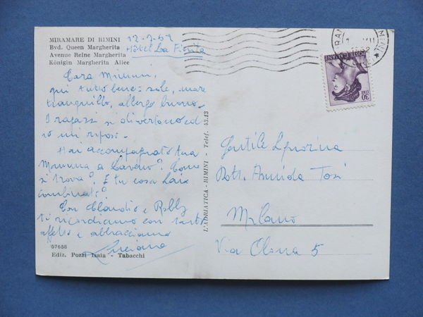 Cartolina Miramare di Rimini - Viale Regina Margherita - 1962