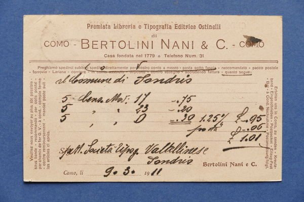Cartolina Pubblicitaria - Libreria Tipografia Bertolini Nani & C. - …