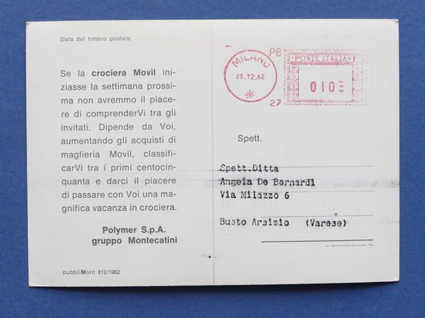 Cartolina Pubblicitaria Crociera a Barcellona con Movil maglieria Polymer 1962