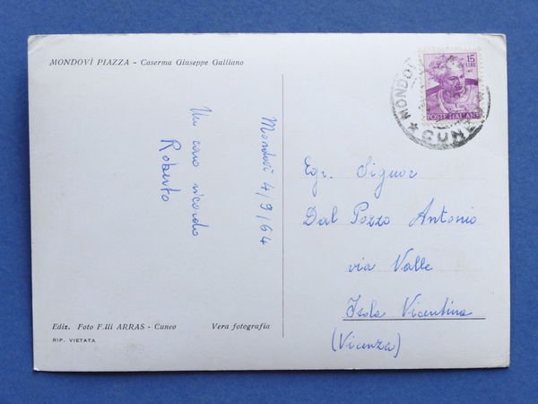 Cartolina Mondovì Piazza - Caserma Giuseppe Galliano - 1964
