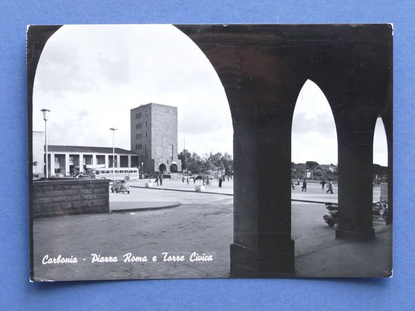 Cartolina Carbonia - Piazza Roma e Torre Civica - 1959