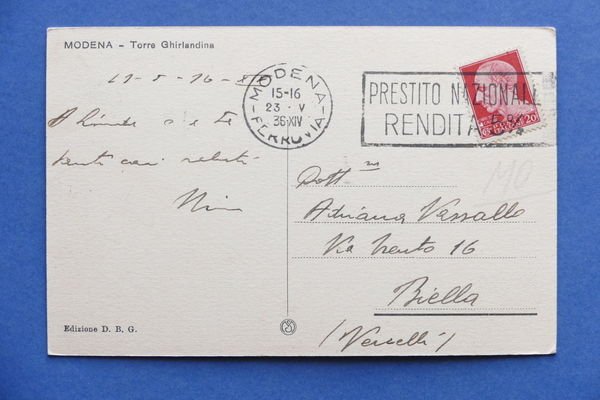 Cartolina Modena - Torre Ghirlandina - 1936.