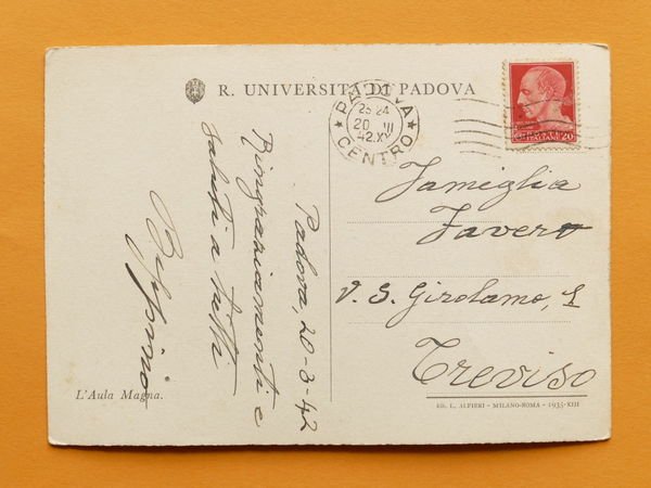 Cartolina Padova - Università - Aula Magna - 1942