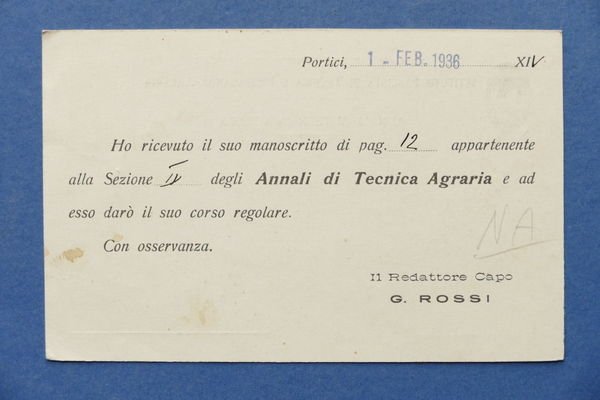 Cartolina Pubblicitaria - Annali di Tecnica Agraria - 1936 | Immagine principale