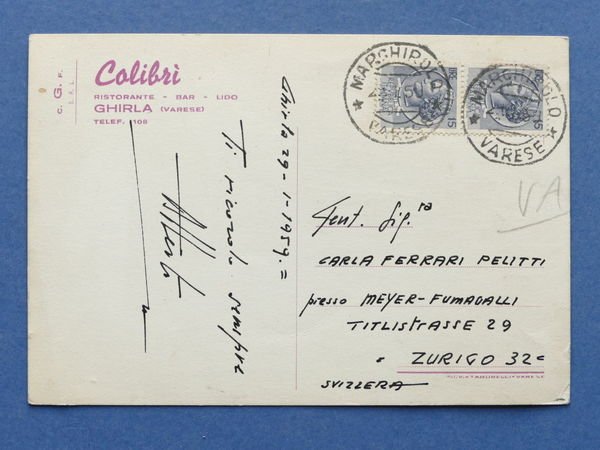 Cartolina Ghirla - Ristorante Bar Colibrì - 1959