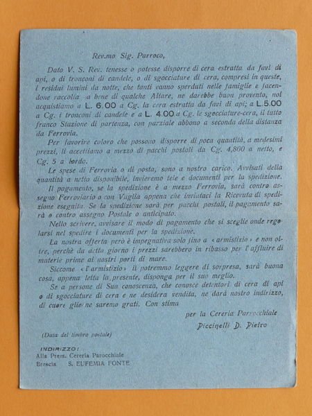 Cartolina doppia Pubblicitaria - Premiata Cereria Parrocchiale Bresciana - 1918