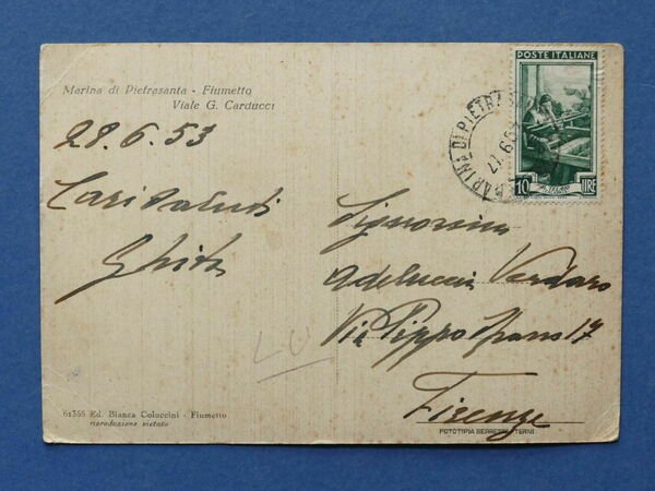 Cartolina Marina di Pietra Santa - Fiumetto - 1953.