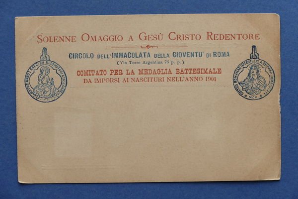 Cartolina Religione Solenne Omaggio a Gesù Cristo Redentore Medaglia Battesimale