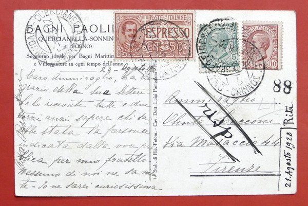 Cartolina Quercianella-Sonnino - Bagni Paolieri - 1920