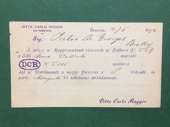 Cartolina Ditta Carlo Raggio - Cotonificio - Genova - 1894 | Immagine principale