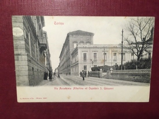 Cartolina Torino - Via Accademia Albertina ed Ospedale S. Giovanni …