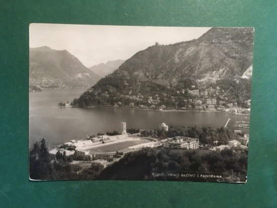 Cartolina Como - Primo Bacino e Panorama -Stadio - 1954