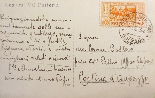 Cartolina - Costumi Val Pusteria - 1932