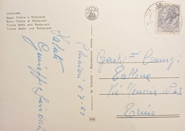 Cartolina - Chiavari - Bagni Tritone e Ristorante - 1959