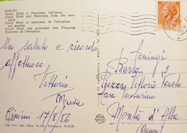 Cartolina - Rimini - Grand Hotel e Panorama dall'aereo 1956