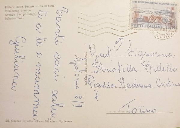 Cartolina - Spotorno - Viale delle Palme - 1961