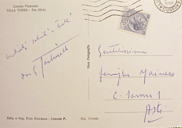 Cartolina - Limone Piemonte - Villa Torre - 1958