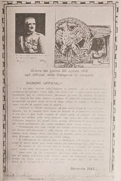 Cartolina WWI - Ordine del giorno 20 agosto 1919 agli …