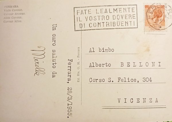 Cartolina - Ferrara - Viale Cavour - 1955