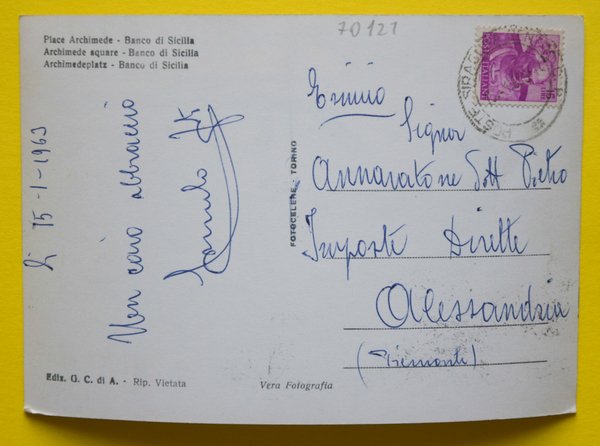 Cartolina Siracusa Piazza Archimede Banco Di Sicilia 1963