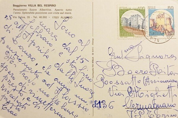 Cartolina - Soggiorno Villa Bel Respiro - Alassio - 1986