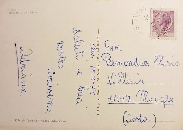 Cartolina - Cavi - Spiaggia e panorama - 1973