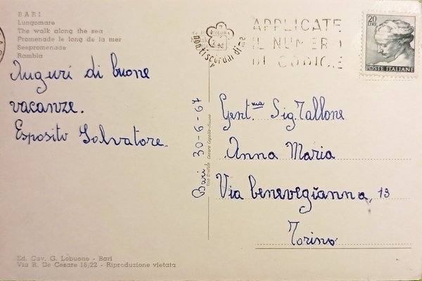 Cartolina - Bari ( Puglia ) - Lungomare - 1967