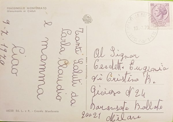 Cartolina - Frassinello Monferrato - Monumento ai Caduti - 1970