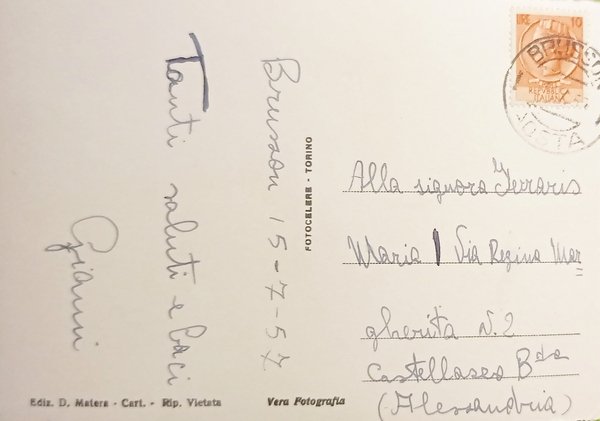 Cartolina - Brusson - Piazza Cristoforo Cugnod - 1957