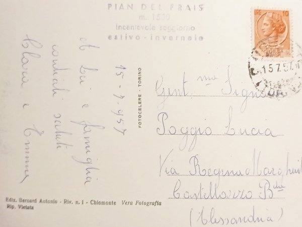 Cartolina - Chiomonte - Piano del Frais - 1957