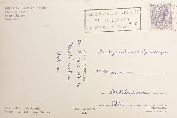 Cartolina - Pesaro - Piazza del Popolo - 1964