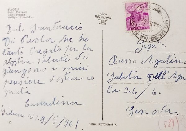 Cartolina - Commemorativa - San Francesco di Paola - 1961