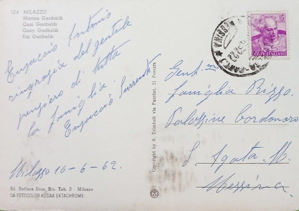 Cartolina - Milazzo - Marina Garibaldi - 1962
