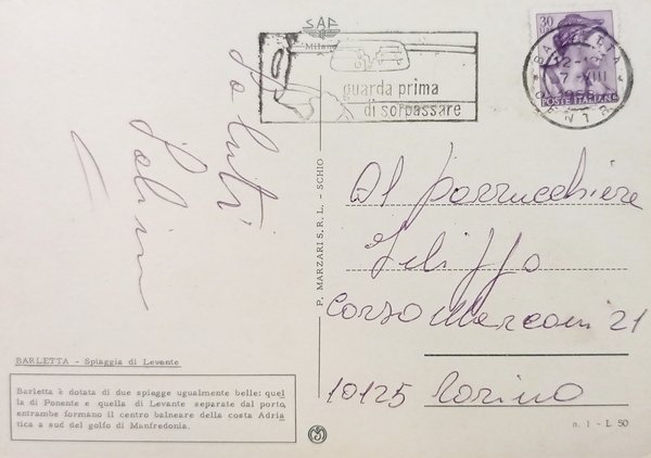 Cartolina - Barletta - Spiaggia di Levante - 1968