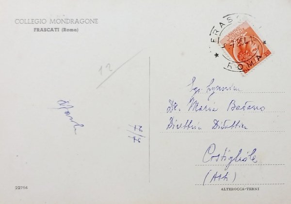 Cartolina - Frascati visto dal Collegio Mondragone - 1954