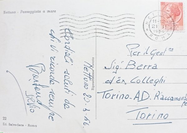 Cartolina - Nettuno - Passeggiata a mare - 1956