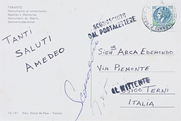 Cartolina - Taranto - Monumento al Marinaio - 1970 ca.