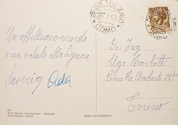 Cartolina - Lago di Como - Vassena - 1959