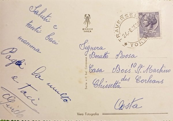 Cartolina - Traversella - Chiesa e Piazza - 1956