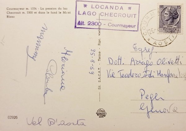 Cartolina - Courmayeur - Pensione del Lago Checrouit e sfondo …