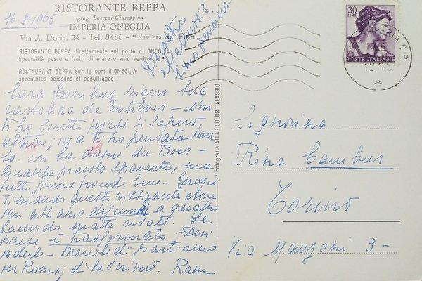 Cartolina - Ristorante Beppa - Imperia Oneglia - 1965